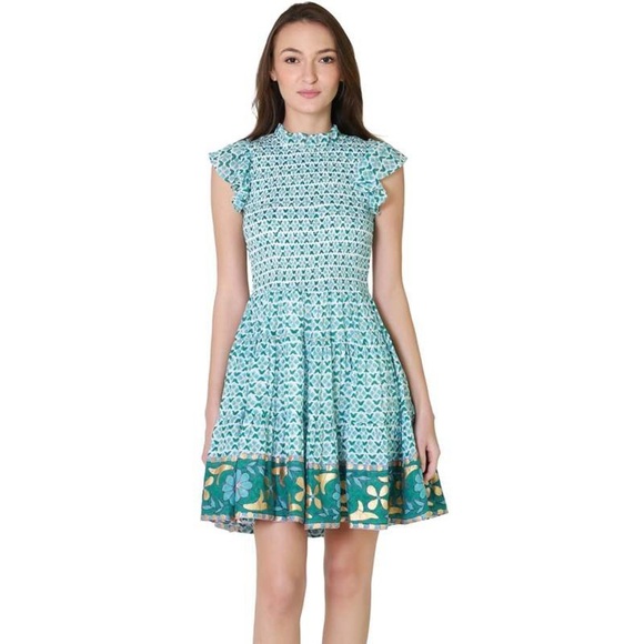 OLIPHANT Smocked Flirty Short Dress Veranda Turquoise - Picture 1 of 5